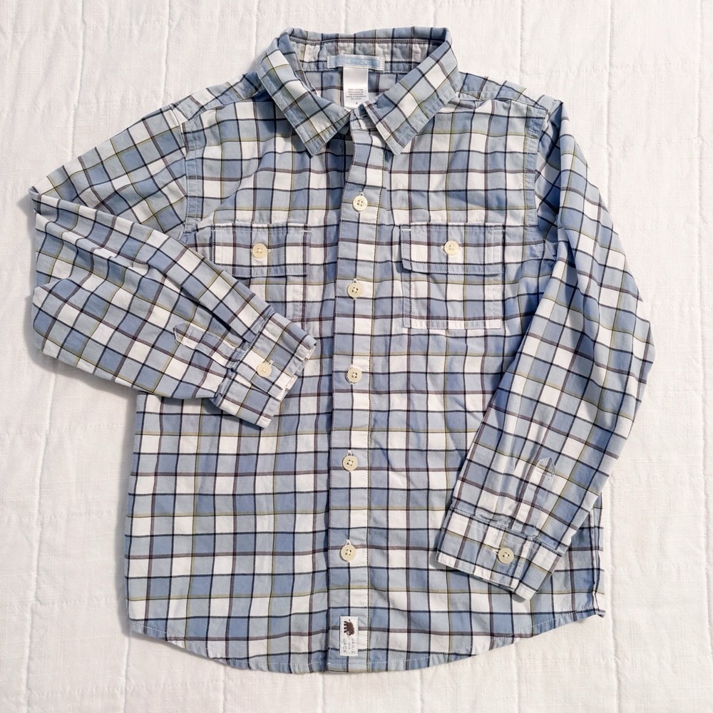 Janie and Jack Boys Size 6 Blue Plaid Button Down Shirt Cotton Long Sleeve